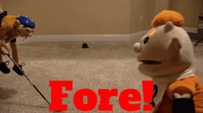 Two Stuffed Animals Are Playing A Game With The Word Fore In Red GIF