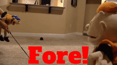 Two Stuffed Animals Are Playing With A Golf Club In Front Of A Sign That Says " Fore " GIF