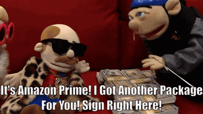 Two Stuffed Animals Are Sitting In Front Of A Pile Of Money And One Says It 'S Amazon Prime I Got Another Package GIF