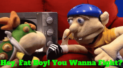 Two Stuffed Animals Are Sitting Next To Each Other With The Words " Hey Fat Boy You Wanna Fight " On The Bottom GIF