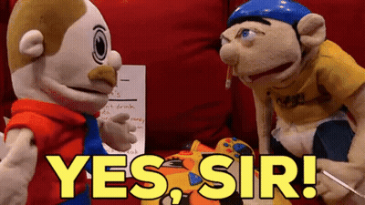 Two Stuffed Animals Are Sitting Next To Each Other With The Words Yes Sir Written In Yellow Letters GIF