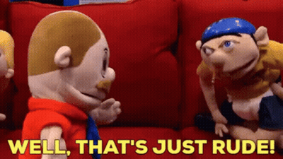 Two Stuffed Animals Are Sitting On A Red Couch And One Of Them Is Saying Well That 'S Just Rude ! GIF