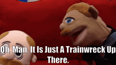 Two Stuffed Animals Are Sitting On A Red Couch And One Of Them Says Oh Man It Is Just A Trainwreck Up There GIF