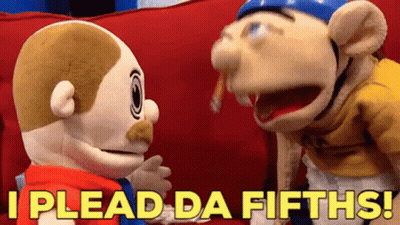 Two Stuffed Animals Are Sitting On A Red Couch And One Says I Plead Da Fifths ! GIF