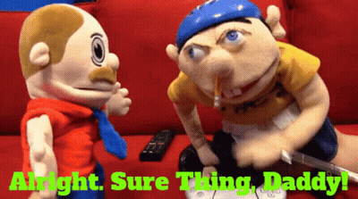 Two Stuffed Animals Are Sitting On A Red Couch With The Words Alright Sure Thing Daddy GIF