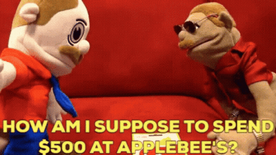 Two Stuffed Animals Are Sitting On A Red Couch With The Words How Am I Suppose To Spend $ 500 GIF