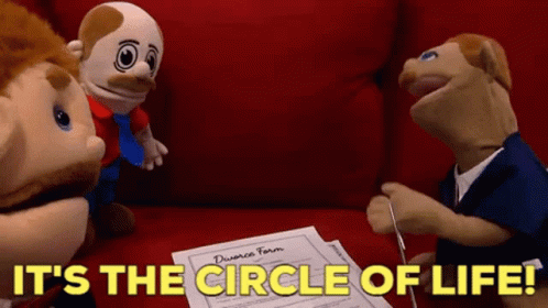 Two Stuffed Animals Are Sitting On A Red Couch With The Words " It 'S The Circle Of Life " Written Above Them GIF