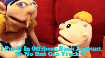 two stuffed animals are sitting on a red couch with the words " put it in offshore bank account so no one can track it "
