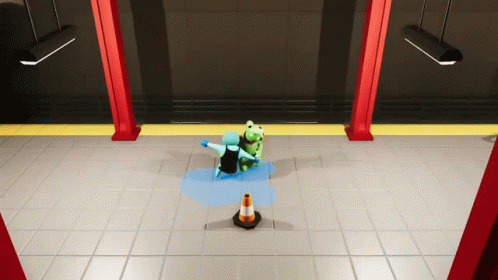 Two Stuffed Animals Are Standing In A Puddle On The Floor GIF