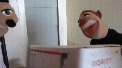 Two Stuffed Animals Are Standing Next To A Box That Says Priority Mail GIF