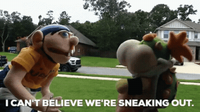 Two Stuffed Animals Are Standing Next To Each Other With The Words I Can 'T Believe We 'Re Sneaking Out GIF