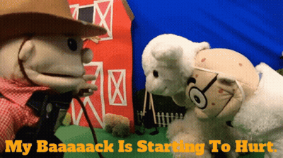 Two Stuffed Animals Are Standing Next To Each Other With The Words " My Baaaack Is Starting To Hurt " Above Them GIF