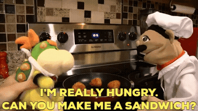 Two Stuffed Animals Asking Samsung Stove For Sandwich GIF