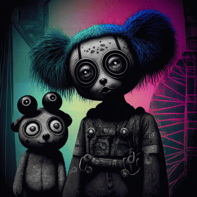 Two Stuffed Animals Blue Hat And Black Jacket GIF