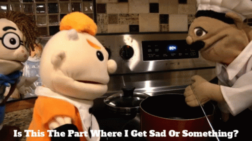 Two Stuffed Animals Cooking On Stove Saying Is This The Part Where I Get Sad Or Something GIF