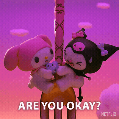 Two Stuffed Animals Hanging From Fork Saying Are You Okay GIF