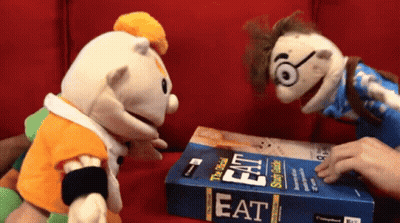 Two Stuffed Animals Looking At Eat Book GIF