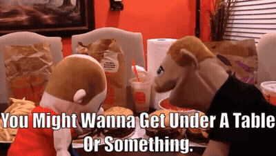 Two Stuffed Animals Saying You Might Wanna Get Under A Table GIF