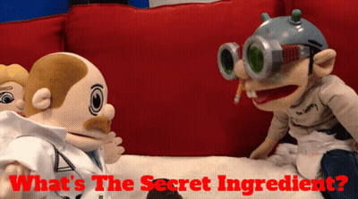 Two Stuffed Animals Sitting On A Couch With The Words " What 'S The Secret Ingredient " GIF