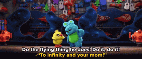 Two Stuffed Animals Standing Next To Each Other With The Words Do The Flying Thing He Does GIF