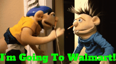 Two Stuffed Animals Standing Next To Each Other With The Words " I 'M Going To Walmart " In Green Letters GIF