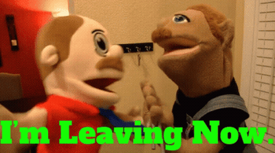 Two Stuffed Animals Standing Next To Each Other With The Words " I 'M Leaving Now " GIF