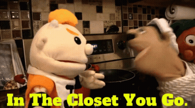Two Stuffed Animals Standing Next To Each Other With The Words In The Closet You Go GIF