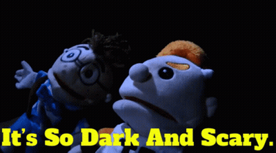 Two Stuffed Animals Standing Next To Each Other With The Words It 'S So Dark And Scary Above Them GIF