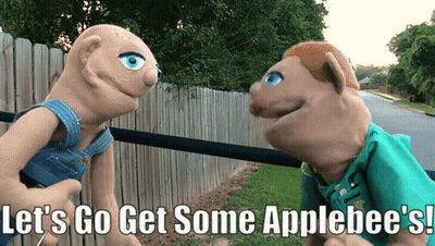 Two Stuffed Animals Standing Next To Each Other With The Words Let 'S Go Get Some Applebee 'S On The Bottom GIF