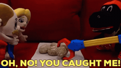 Two Stuffed Animals Standing Next To Each Other With The Words Oh No You Caught Me On The Bottom GIF