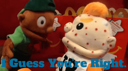 Two Stuffed Animals With The Words I Guess You 'Re Right On The Bottom GIF