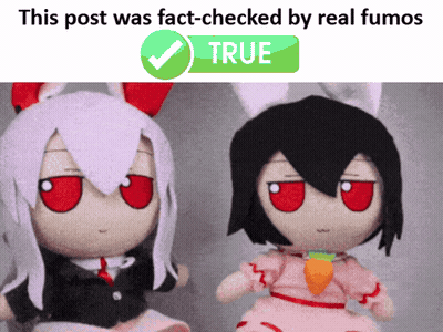 Two Stuffed Dolls Are Sitting Next To Each Other With A Check Mark Above Them That Says True GIF