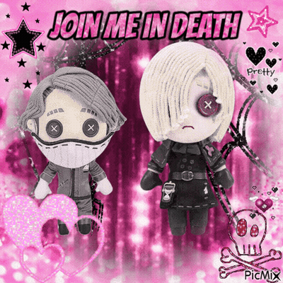 Two Stuffed Dolls On A Pink Background With The Words Join Me In Death Written Above Them GIF