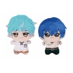 Two Stuffed Dolls With Blue Hair Are Sitting Next To Each Other On A White Background . Sticker