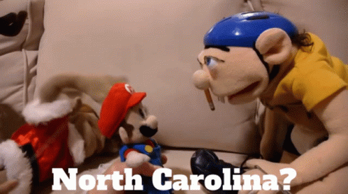 Two Stuffed Mario Dolls Are Sitting On A Couch With The Words North Carolina Written Below Them GIF