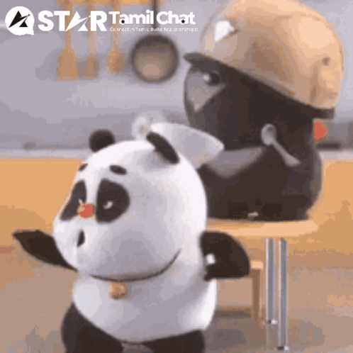 Two Stuffed Panda Bears Are Dancing In Front Of A Star Tamil Chat Banner GIF