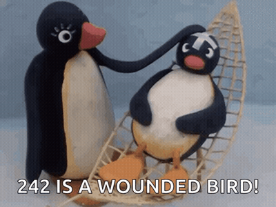 Two Stuffed Penguins With 242 Is A Wounded Bird GIF