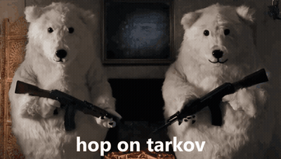 Two Stuffed Polar Bears Are Holding Guns And The Words Hop On Tarkov Are Above Them GIF