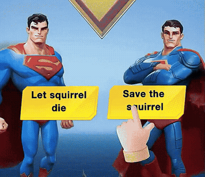 Two Superheroes Standing Beside Sign Saying Let Squirrel Die GIF
