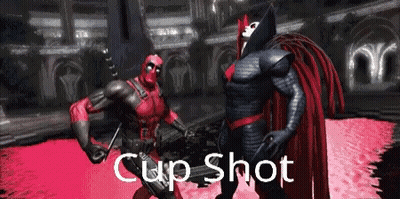 Two Superheroes Standing With Cup Shot GIF