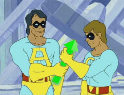 Two Superheros With Letter A On Chest GIF