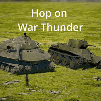 Two Tanks In A Grassy Field With The Words Hop On War Thunder Below Them GIF