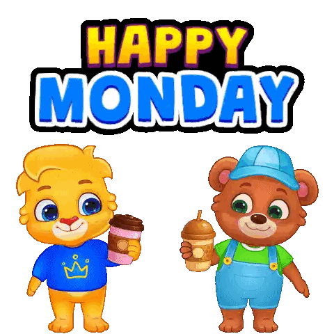 Two Teddy Bears Are Holding Cups Of Coffee In Front Of A Sign That Says " Happy Monday " Sticker