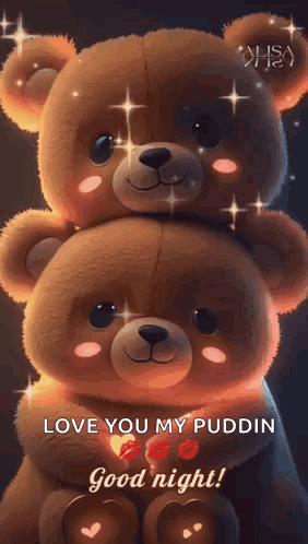 Two Teddy Bears Are Hugging Each Other And Saying `` Love You My Puddin Good Night ! '' GIF