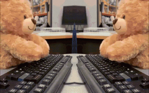 Two Teddy Bears Are Hugging Each Other While Using A Computer Keyboard GIF