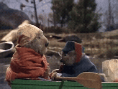 Two Teddy Bears Are In A Green Canoe GIF