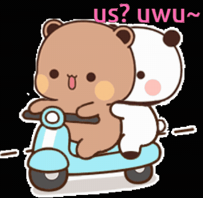 Two Teddy Bears Are Riding A Blue Scooter With The Words Us ? Uwu Written On The Bottom . GIF