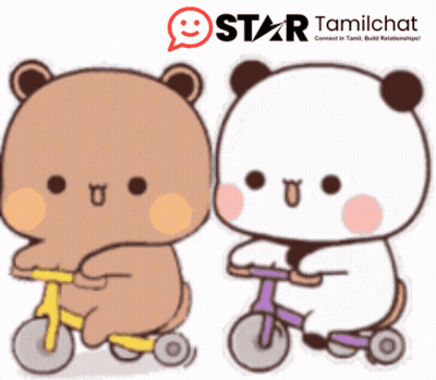 Two Teddy Bears Are Riding A Scooter And A Star Tamilchat Logo Is Above Them GIF