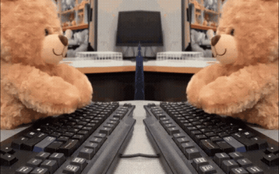 Two Teddy Bears Are Sitting In Front Of A Keyboard With The Shift Key On The Left Side GIF