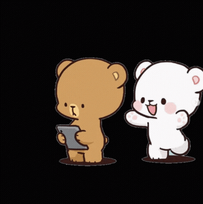 Two Teddy Bears Are Standing Next To Each Other And One Is Holding A Cell Phone GIF